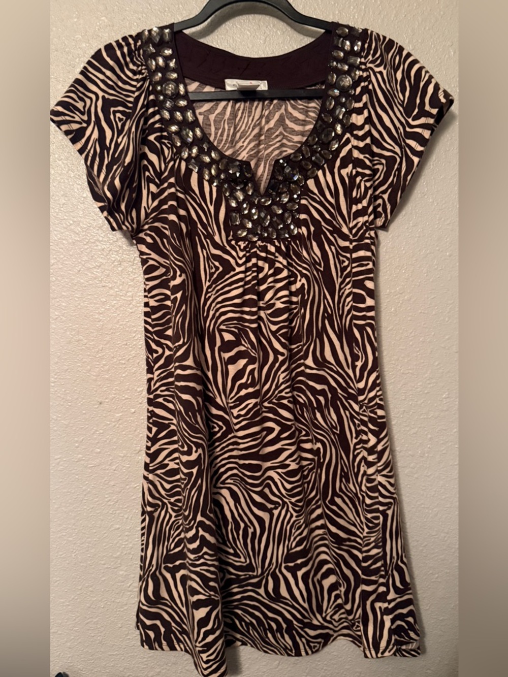 Zebra print mini v neck jeweled mini shirt dress size Large L